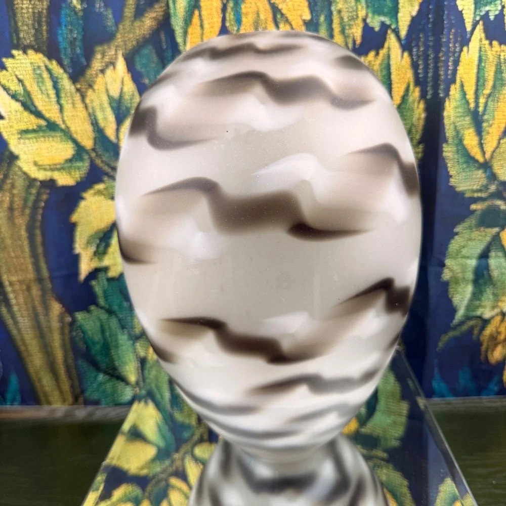 Frosted Art Glass Egg Vase Smoky Grey Wavy Pattern Large Sculptural Vessel 11.5